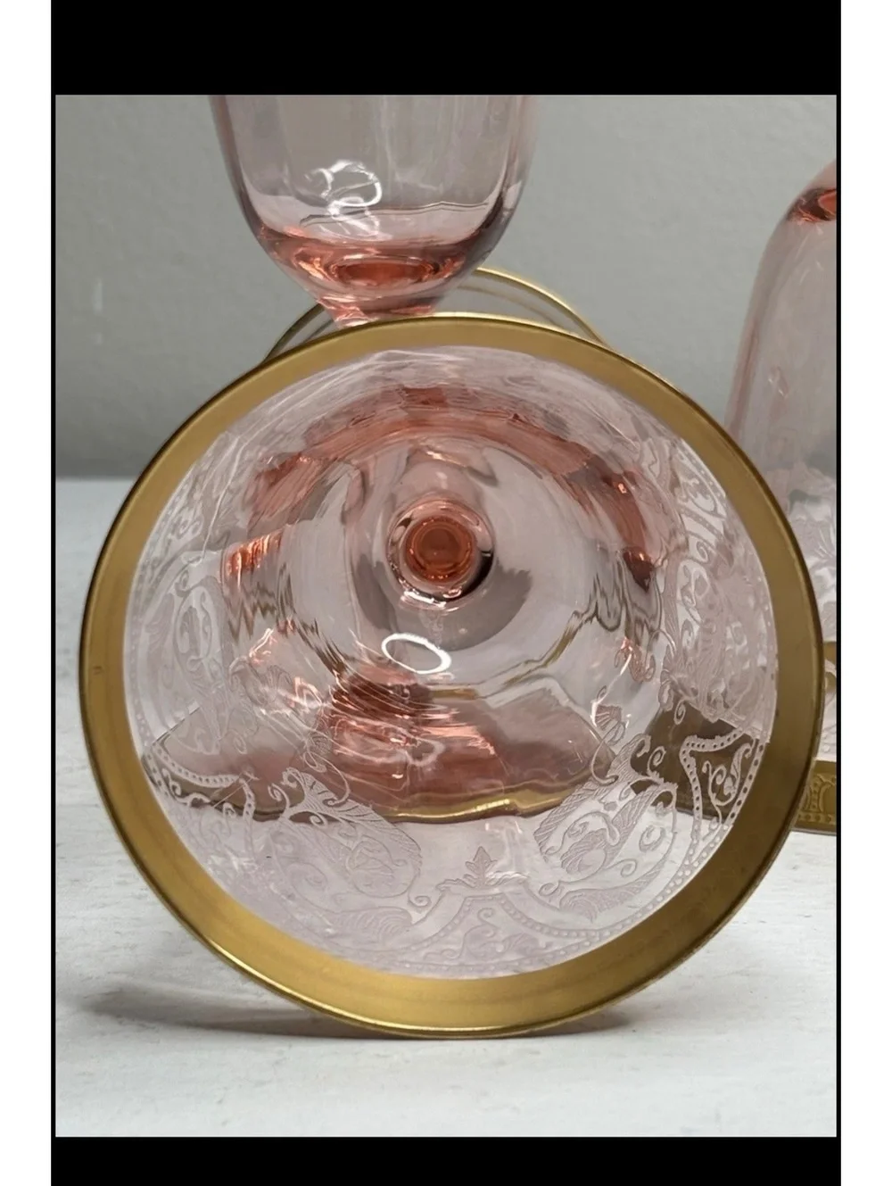 Cambridge Crystal Etch 704 Gold Encrusted Pink Wine Glass set of 6